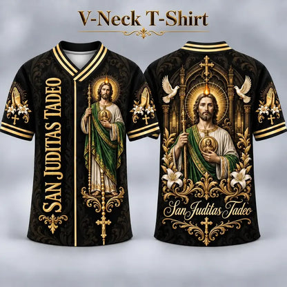 (Pre Order) San Judas Tadeo V-Neck T-Shirt & Baseball Jersey – Religious St. Jude Thaddeus Faith Shirt