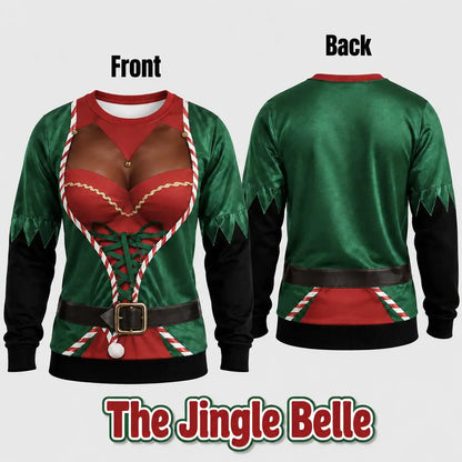 Cheeky Santa Ugly Christmas Sweatshirt, Funny Costume Illusion Crewneck Pullover with Elf and Reindeer Print Knitted Sweater