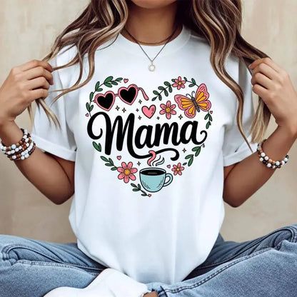 Heart Flower Butterfly & Coffee "Mama" T-Shirt – Whimsical Botanical Graphic Tee, Remastered Heavy Cotton Soft Life Top, Soft Lived-In Heavyweight Motherhood Shirt, Made in USA