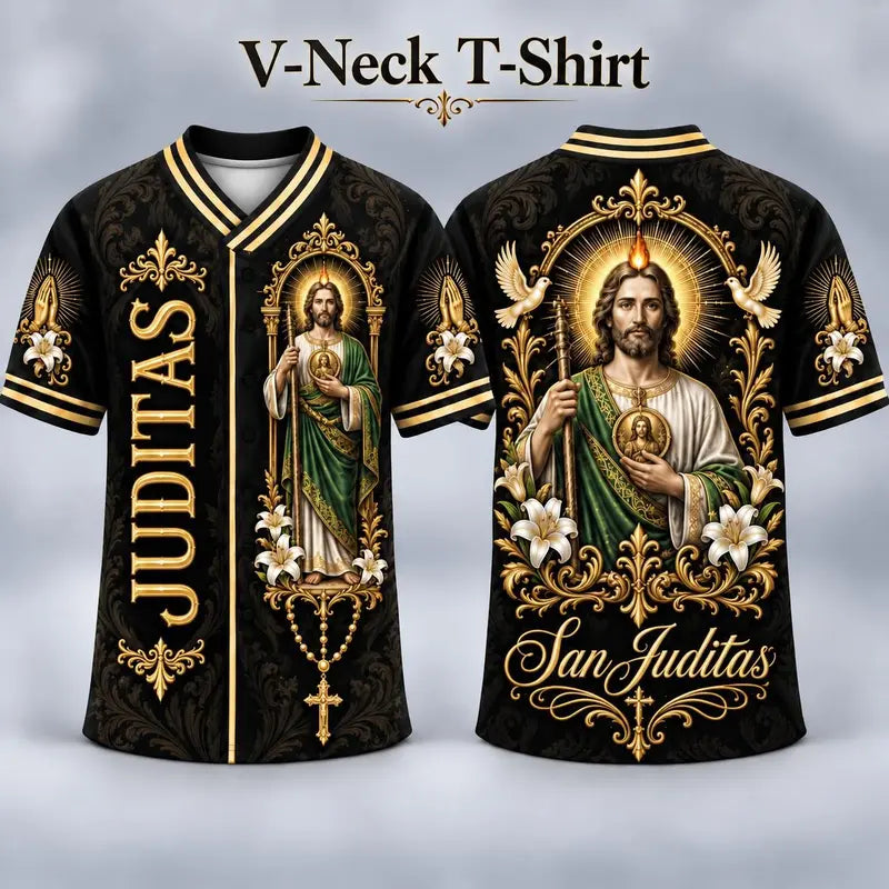 (Pre Order) San Judas Tadeo V-Neck T-Shirt & Baseball Jersey – Religious St. Jude Thaddeus Faith Shirt