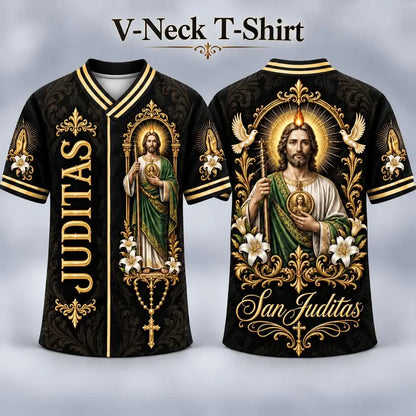 (Pre Order) San Judas Tadeo V-Neck T-Shirt & Baseball Jersey – Religious St. Jude Thaddeus Faith Shirt
