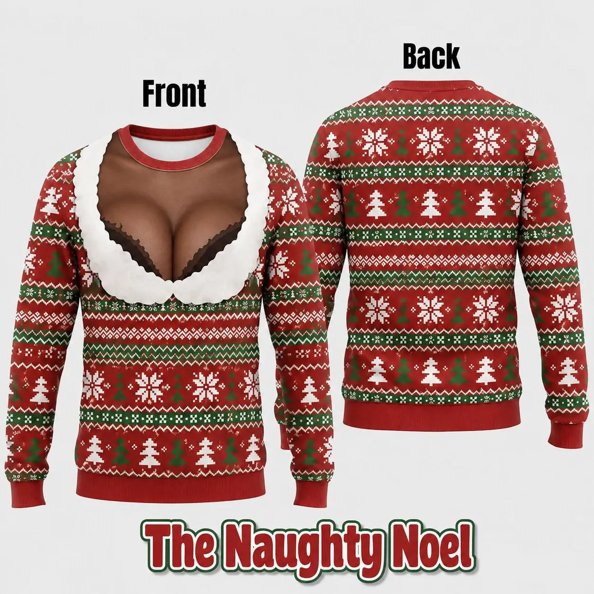 Cheeky Santa Ugly Christmas Sweatshirt, Funny Costume Illusion Crewneck Pullover with Elf and Reindeer Print Knitted Sweater