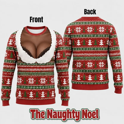 Cheeky Santa Ugly Christmas Sweatshirt, Funny Costume Illusion Crewneck Pullover with Elf and Reindeer Print Knitted Sweater