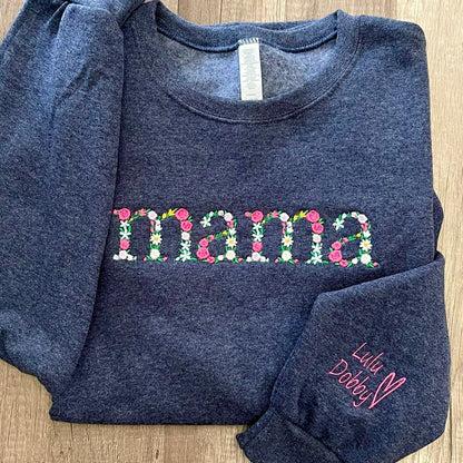 Custom Embroidered Mama Sweatshirt Hoodie with Floral Letter, Unique Gift for Mom, Mother's Day Gift