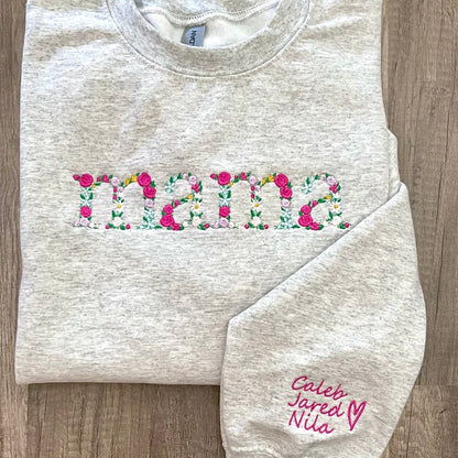 Custom Embroidered Mama Sweatshirt Hoodie with Floral Letter, Unique Gift for Mom, Mother's Day Gift