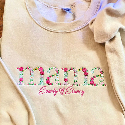 Custom Embroidered Floral Mama Sweatshirt - Hoodie with Names on The Sleeve, Mother's Day Gift Ideas