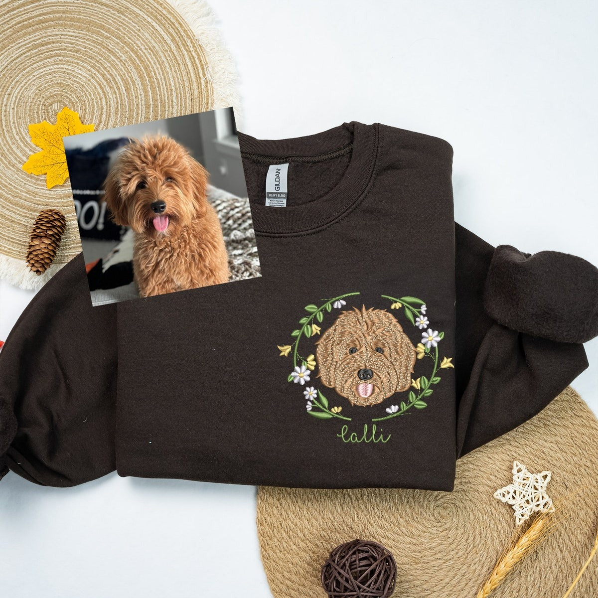 Custom Embroidered Pet Sweatshirt Using Pet Photo, Pet Face with Flowers Hoodie, Pet Lover Gift