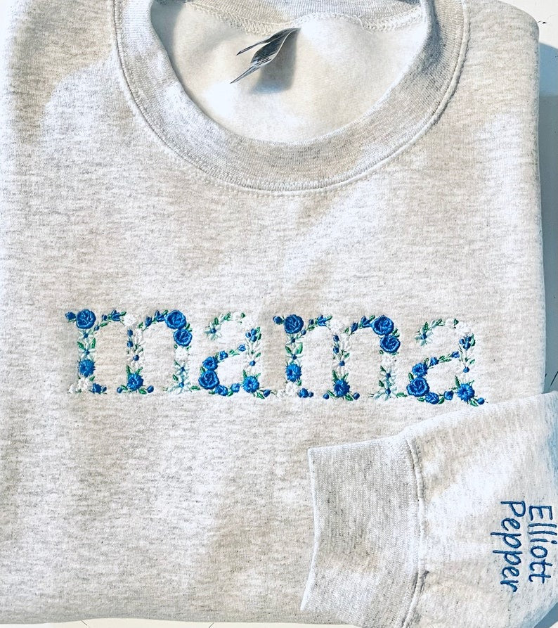 Custom Embroidered Floral Mama Sweatshirt - Hoodie with Names on The Sleeve, Mother's Day Gift Ideas