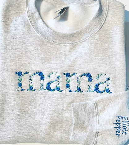 Custom Embroidered Floral Mama Sweatshirt - Hoodie with Names on The Sleeve, Mother's Day Gift Ideas