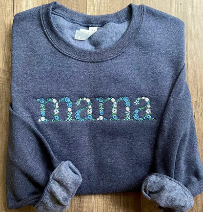 Custom Embroidered Floral Mama Sweatshirt - Hoodie with Names on The Sleeve, Mother's Day Gift Ideas