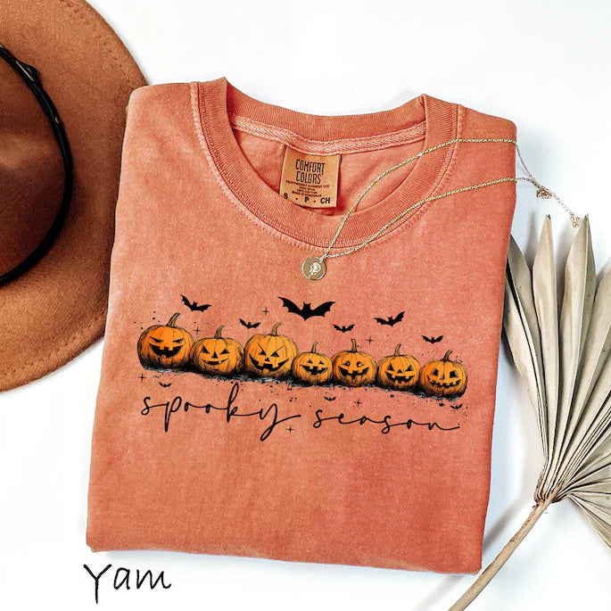 Comfort Colors® Spooky Season Pumpkins Halloween T-Shirt – Vintage Ghost, Pumpkin & Bat Graphic Tee, Stay Spooky Unisex Top