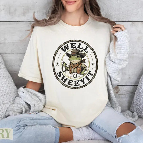 Comfort Colors® "Well Sheeyit" Cowboy Frog T-Shirt – Vintage Country Western Toad Tee, Funny Sarcastic Meme Unisex Top