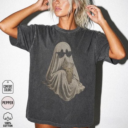 Comfort Colors® Ghost Drinking Coffee T-Shirt – Retro Iced Latte Tee, Vintage Spooky Season Halloween Coffee Lover Graphic Top