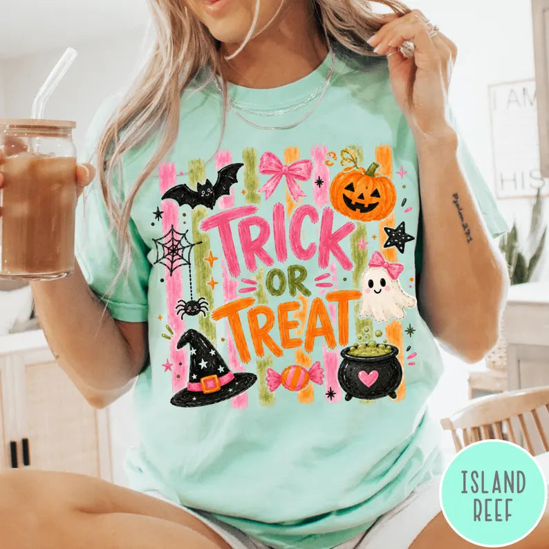 Comfort Colors® Trick Or Treat T-Shirt – Coquette Pink Halloween Graphic Tee, Cute Girly Spooky Season Unisex Top & Gift