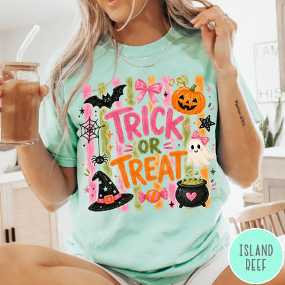 Comfort Colors® Trick Or Treat T-Shirt – Coquette Pink Halloween Graphic Tee, Cute Girly Spooky Season Unisex Top & Gift