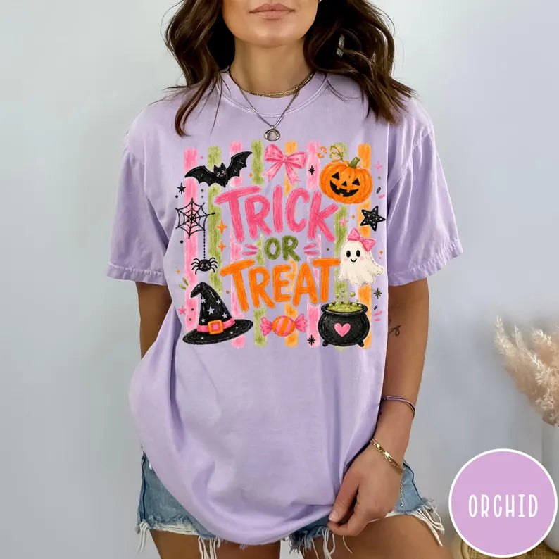 Comfort Colors® Trick Or Treat T-Shirt – Coquette Pink Halloween Graphic Tee, Cute Girly Spooky Season Unisex Top & Gift