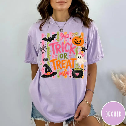 Comfort Colors® Trick Or Treat T-Shirt – Coquette Pink Halloween Graphic Tee, Cute Girly Spooky Season Unisex Top & Gift