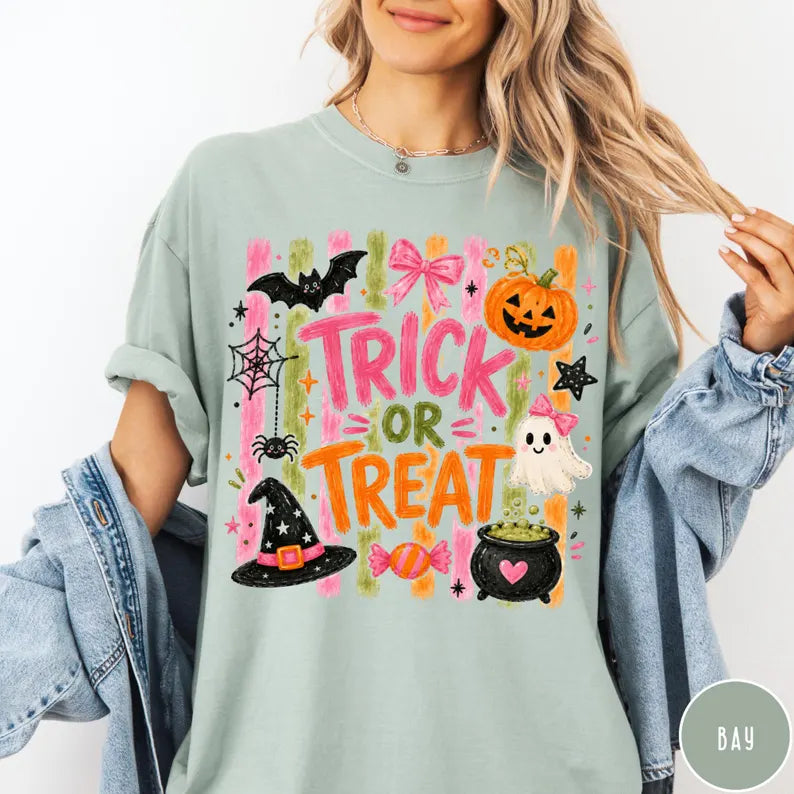 Comfort Colors® Trick Or Treat T-Shirt – Coquette Pink Halloween Graphic Tee, Cute Girly Spooky Season Unisex Top & Gift