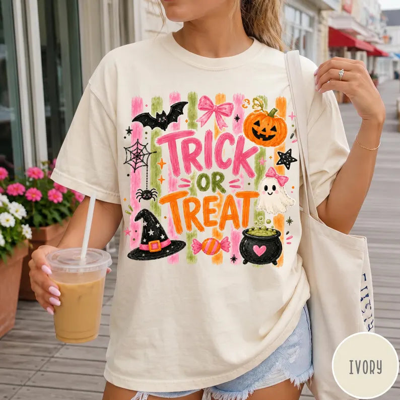Comfort Colors® Trick Or Treat T-Shirt – Coquette Pink Halloween Graphic Tee, Cute Girly Spooky Season Unisex Top & Gift