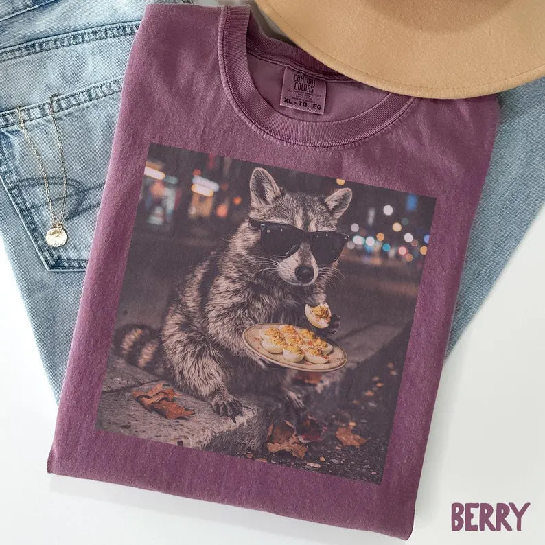 Comfort Colors® Deviled Eggs Raccoon T-Shirt – Funny Thanksgiving Food Lover Graphic Tee, Quirky Animal Unisex Top