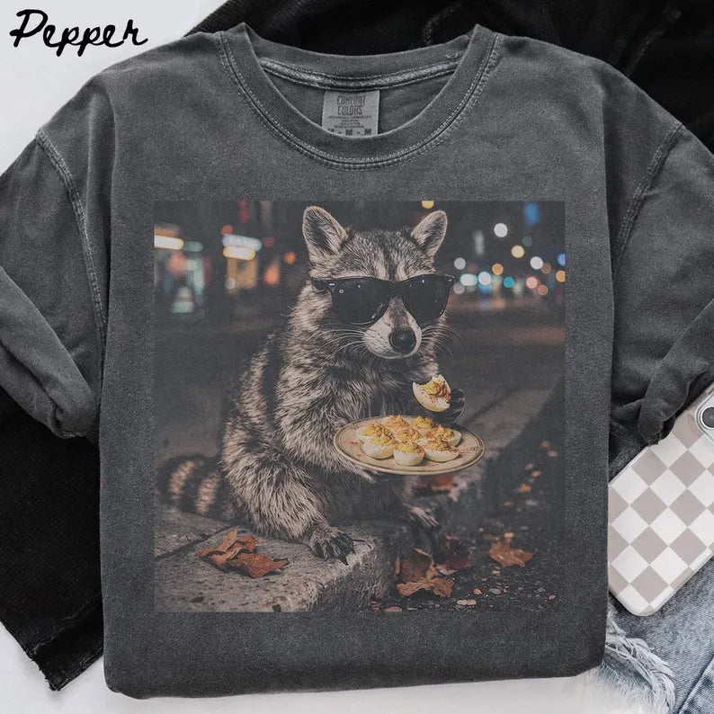 Comfort Colors® Deviled Eggs Raccoon T-Shirt – Funny Thanksgiving Food Lover Graphic Tee, Quirky Animal Unisex Top