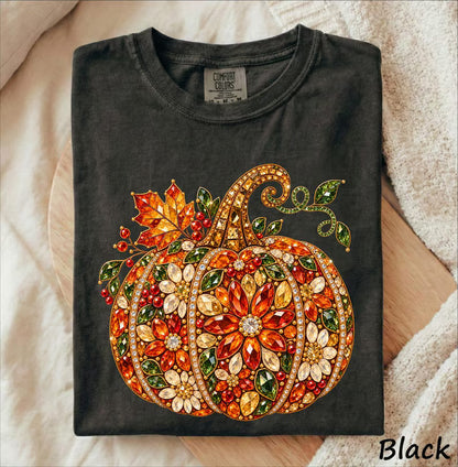 Comfort Colors® Elegant Rhinestone Pumpkin T-Shirt – Faux Diamond Halloween Graphic Tee, Cute Autumn Party Unisex Top & Gift
