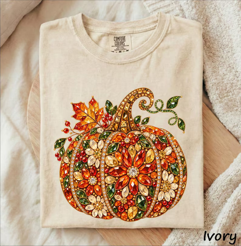 Comfort Colors® Elegant Rhinestone Pumpkin T-Shirt – Faux Diamond Halloween Graphic Tee, Cute Autumn Party Unisex Top & Gift