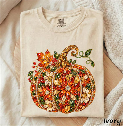 Comfort Colors® Elegant Rhinestone Pumpkin T-Shirt – Faux Diamond Halloween Graphic Tee, Cute Autumn Party Unisex Top & Gift