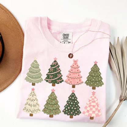 Comfort Colors® Whimsical Christmas Trees T-Shirt – Cute Pink Holiday Graphic Tee, Festive Winter Unisex Top & Gift