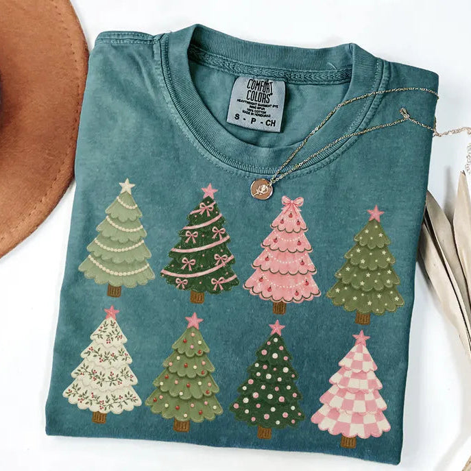 Comfort Colors® Whimsical Christmas Trees T-Shirt – Cute Pink Holiday Graphic Tee, Festive Winter Unisex Top & Gift
